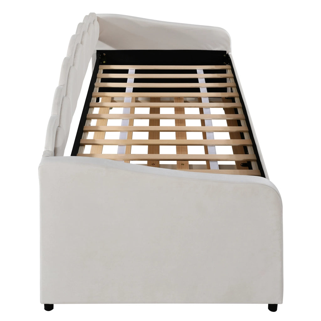 OKWISH Letto a Divano 90×200 cm, Letto Singolo con Letto Estraibile, LED Regolabile e Telecomando, senza Materasso, Velluto, Beige