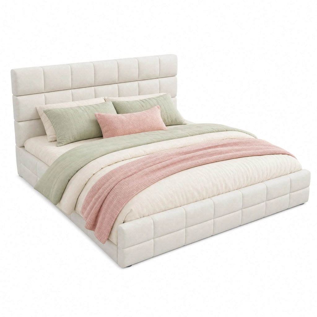 Letto imbottito 180 × 200 cm con testiera imbottita rivestito in velluto beige rete a doghe inclusa