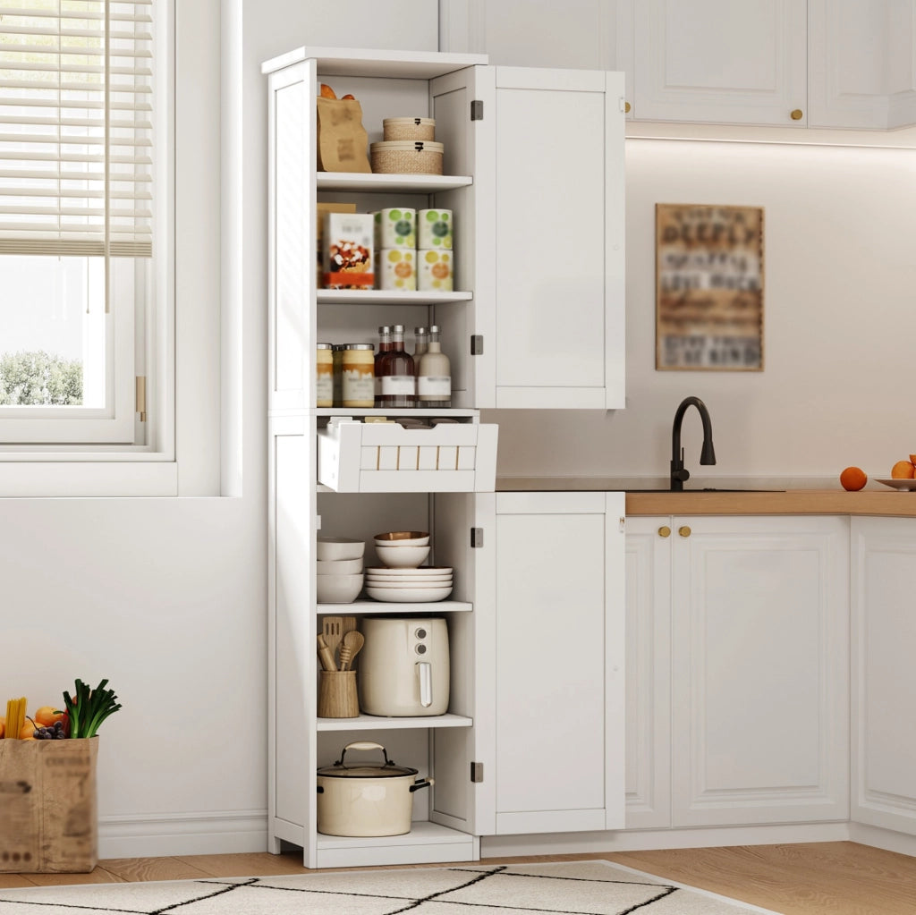 Mobile dispensa da cucina 170x40x30 cm in MDF bianco con 4 ripiani regolabili e sistema antiribaltamento