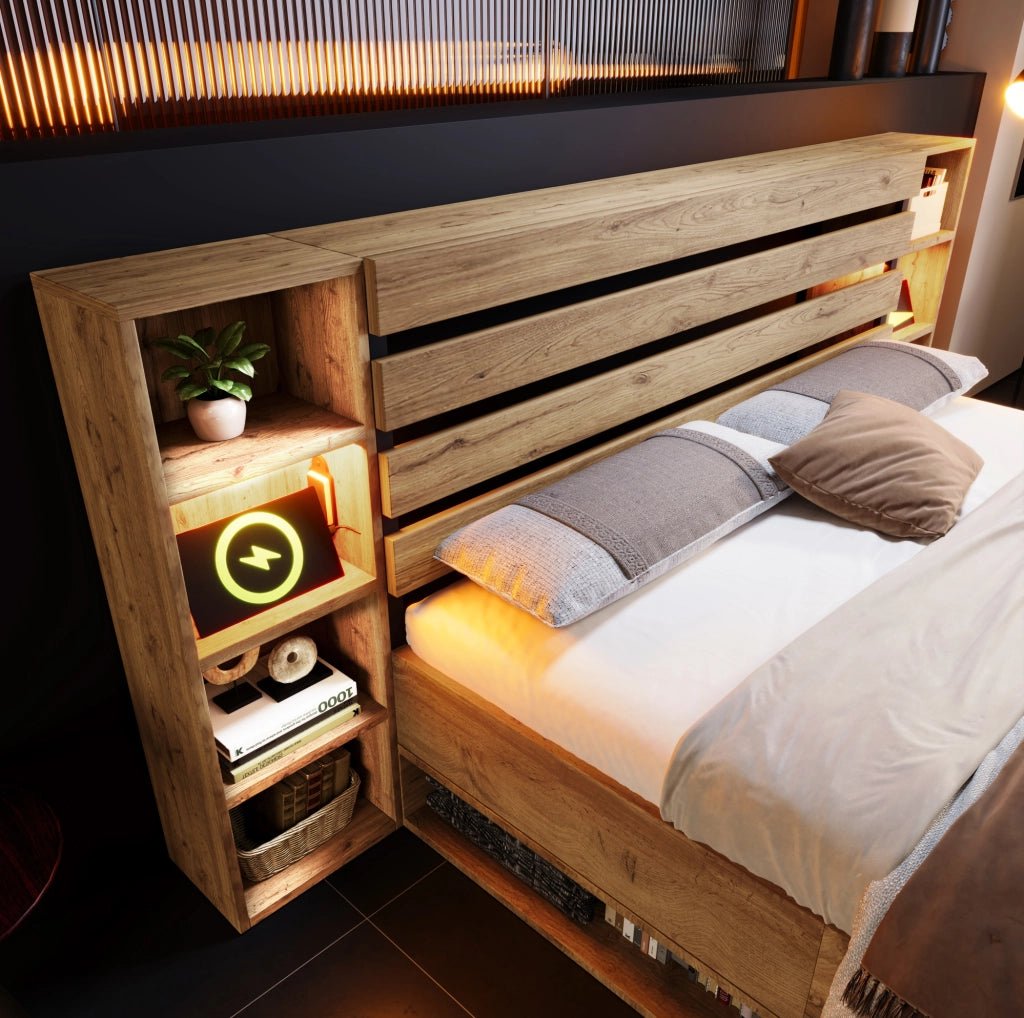Letto matrimoniale 180x200 in legno massello con contenitori, illuminazione LED e ricarica USB-C, struttura robusta in metallo e MDF, colore rovere (senza materasso)
