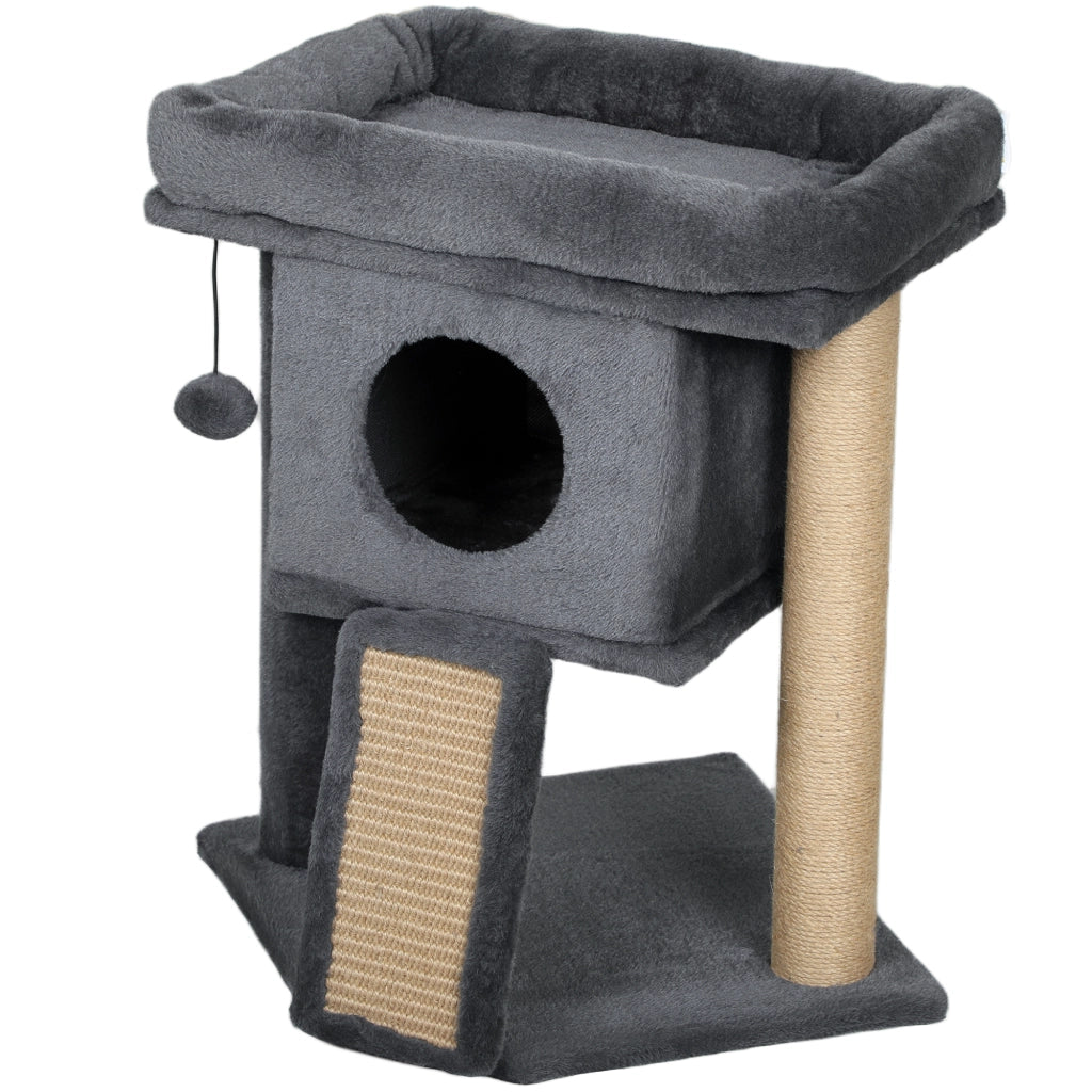 Albero tiragraffi per gatti beige con casetta, tappetino in iuta e gioco a sfera, robusto e compatto per casa, 40 x 40 x 57 cm