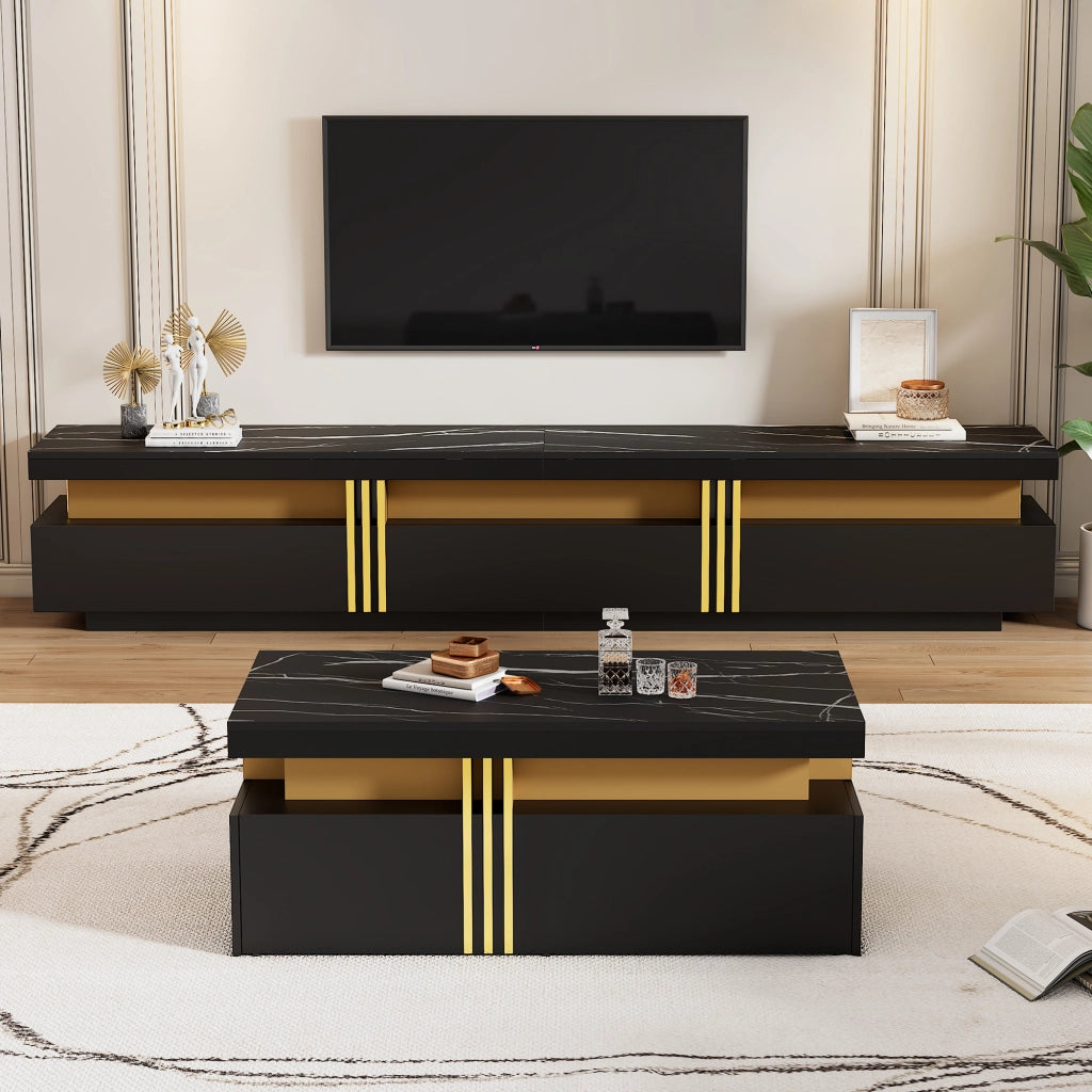 OKWISH Set 1 Mobile TV e 1 Tavolino da Salotto, con 3 Cassetti e 2 Cassetti, Pannelli di Truciolare Nero