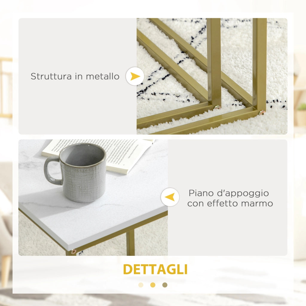 Set 2 Tavolini da Salotto Impilabili ¨C Xylo ¨C Piano Truciolato Bianco Oro Struttura Acciaio
