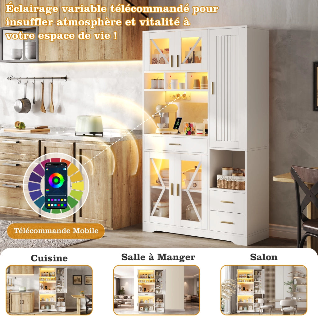 Credenza da cucina alta con vetrina, LED e prese, ripiani regolabili e cassetto, in MDF bianco, 105 × 40 × 185 cm