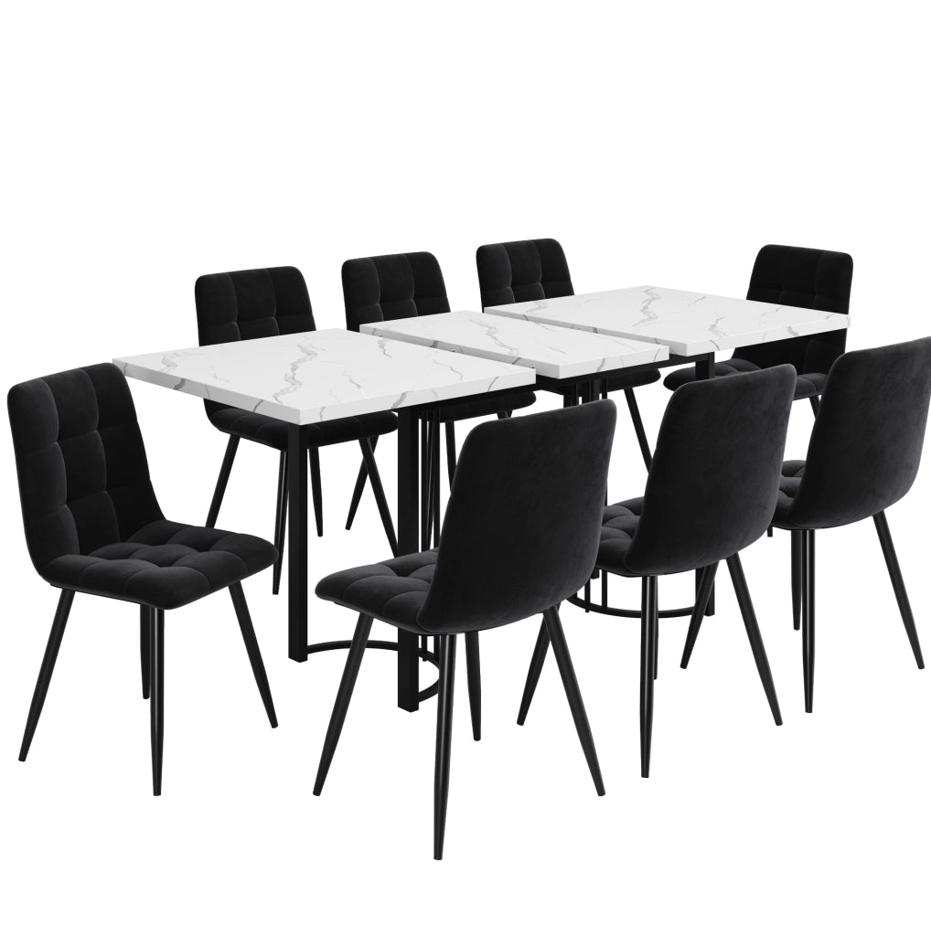 Set tavolo da pranzo allungabile 140-179;5x80 cm con 8 sedie in velluto nero