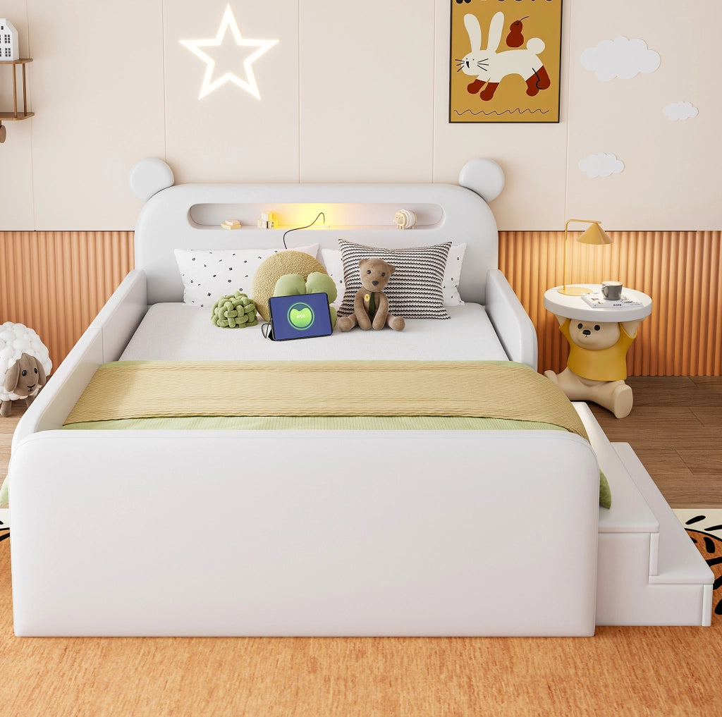 Letto imbottito per bambini 140x200 cm con testiera a orso; luce notturna; USB; contenitore; bianco