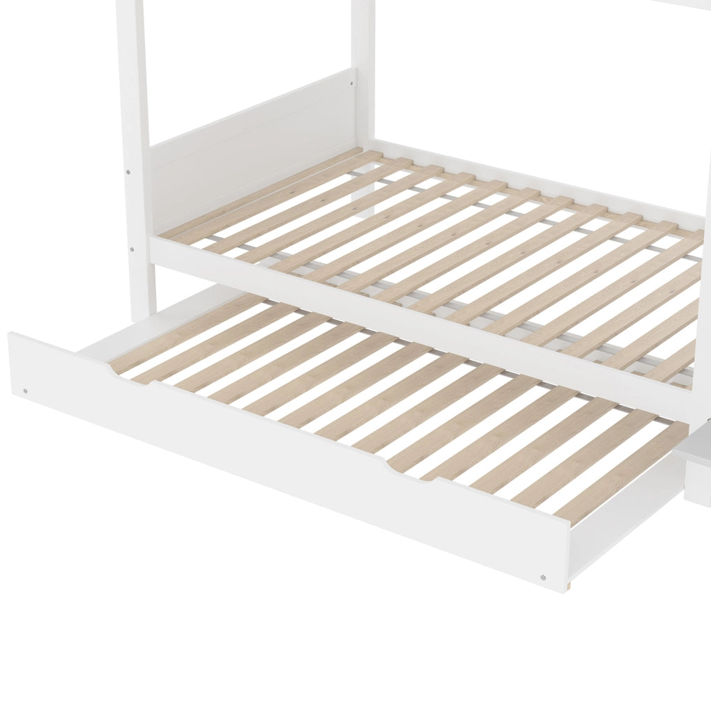 Letto a castello per bambini con letto estraibile; armadio; scaffale e vano contenitore 90x200 cm bianco