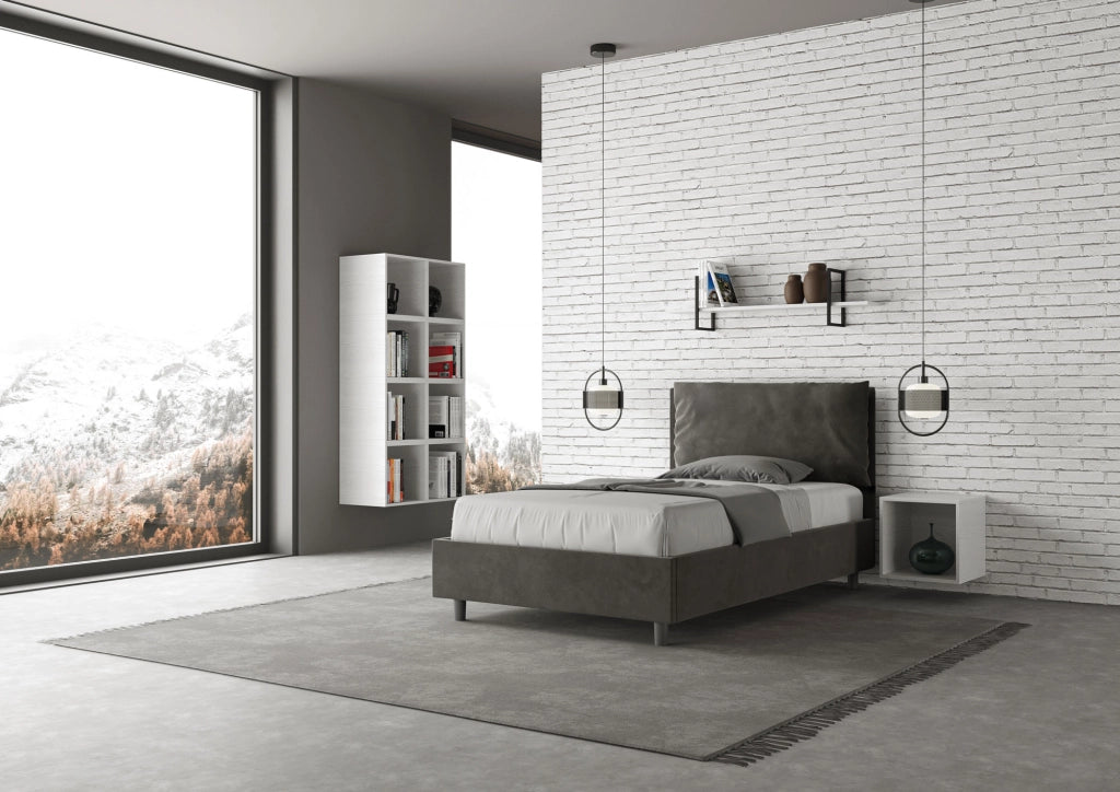Letto 1 Piazza E Mezzo 130x210 cm con Rete e Contenitore Imbottito in Microfibra Antea Large Grigio