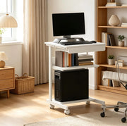 Scrivania per computer bianca 56x51x79 cm con cassetto, ripiano, supporto CPU e ruote per ufficio e home office