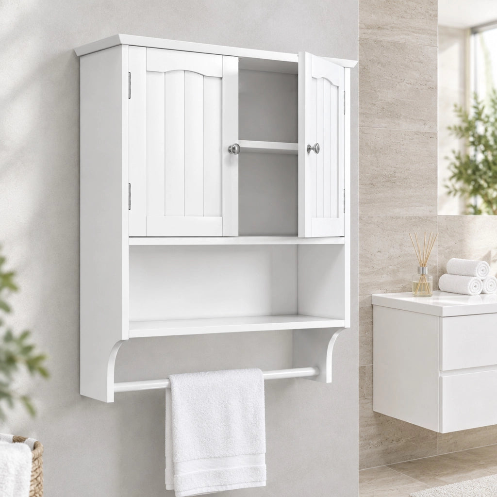 Mobiletto bagno bianco da parete con portasciugamani, 2 ripiani regolabili, 56,8x19x70 cm