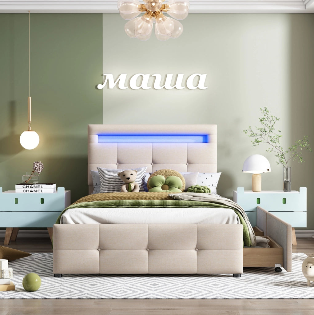 Letto singolo imbottito con LED; 2 cassetti e rete a doghe; beige