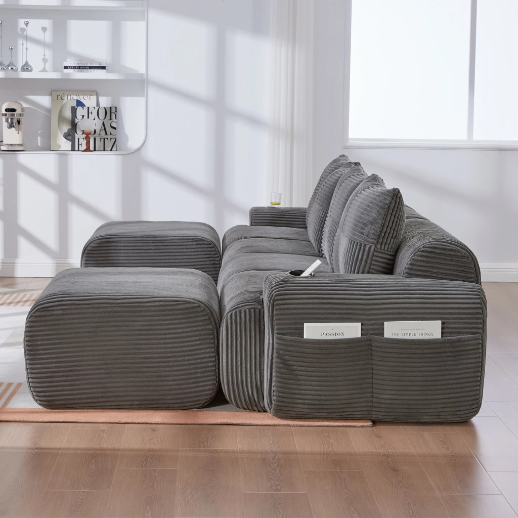 Divano modulare 4 posti con portabicchieri e tasca laterale in corduroy grigio scuro