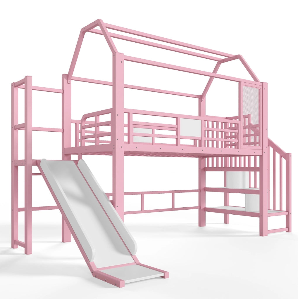 Letto a soppalco ULEVR 90x200 cm a casetta con scivolo, scala con ripiani, LED Bluetooth e barra appendiabiti, rosa