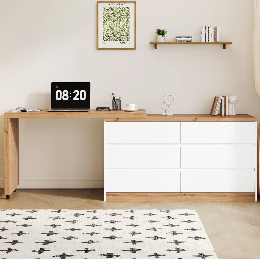 Scrivania girevole ULEVR 120x50 cm con 6 cassetti, ruote bloccabili e piano rotante, rovere e bianco