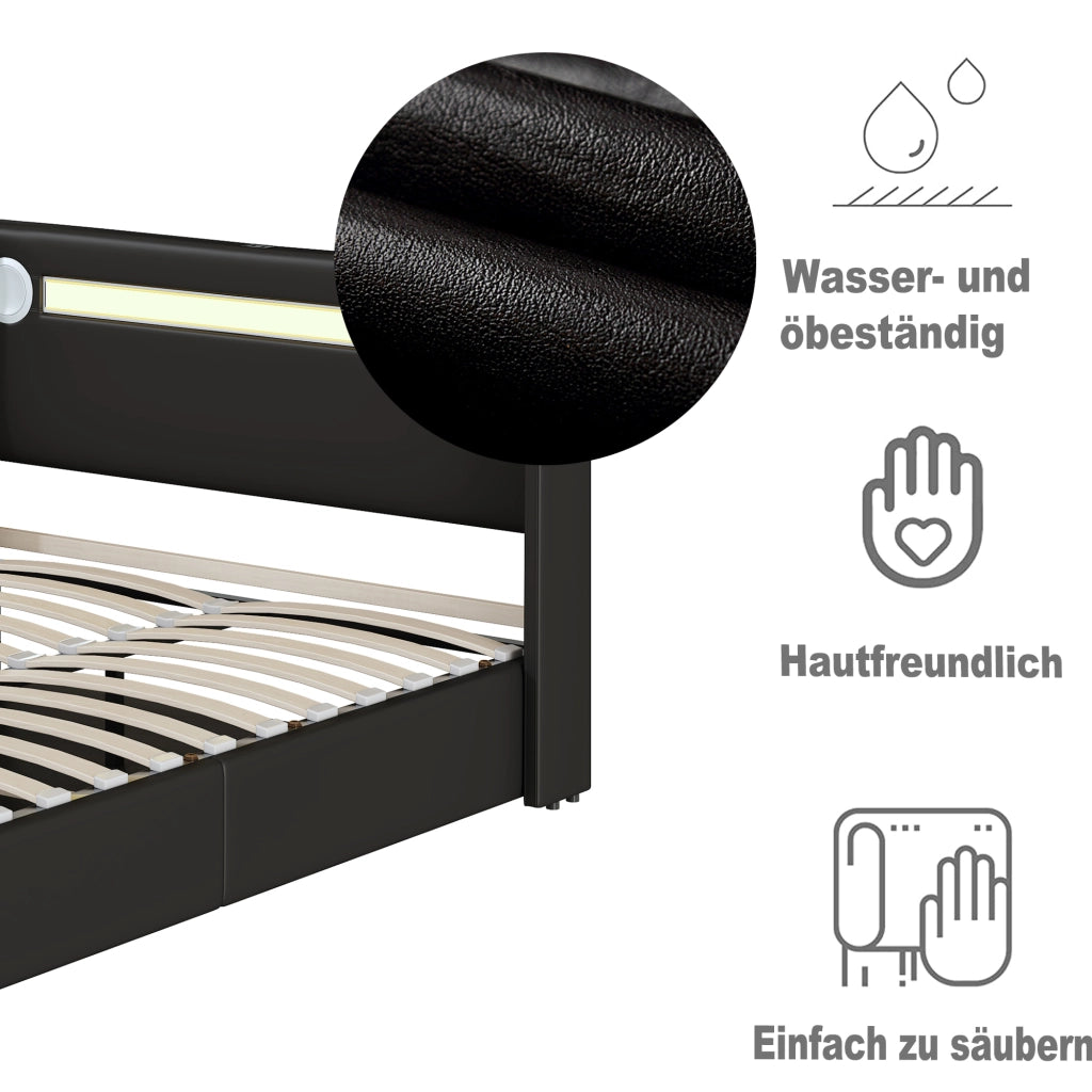LETTO MATRIMONIALE 160x200 cm in PU nero con LED, Bluetooth e 2 porte USB