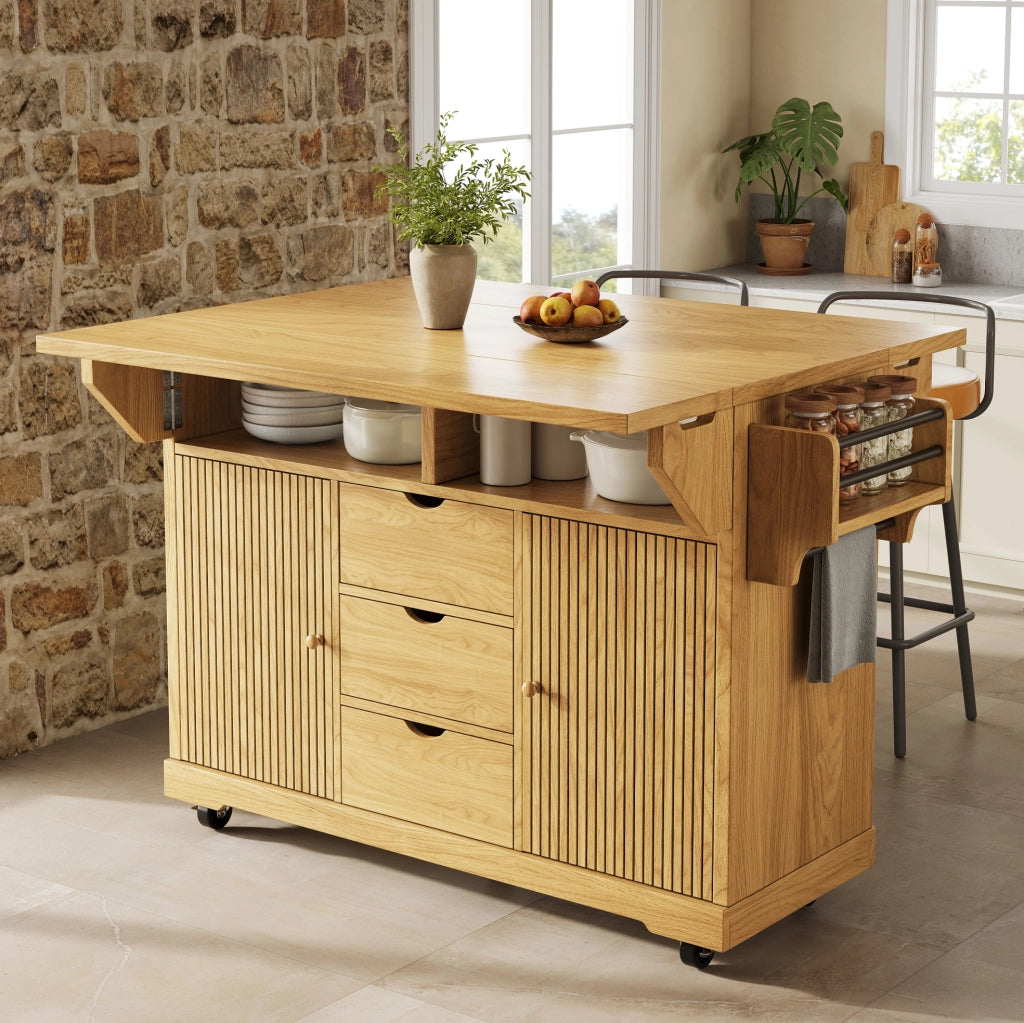 Carrello da cucina con piani ribaltabili 142,5x80x95 cm in MDF e metallo marrone