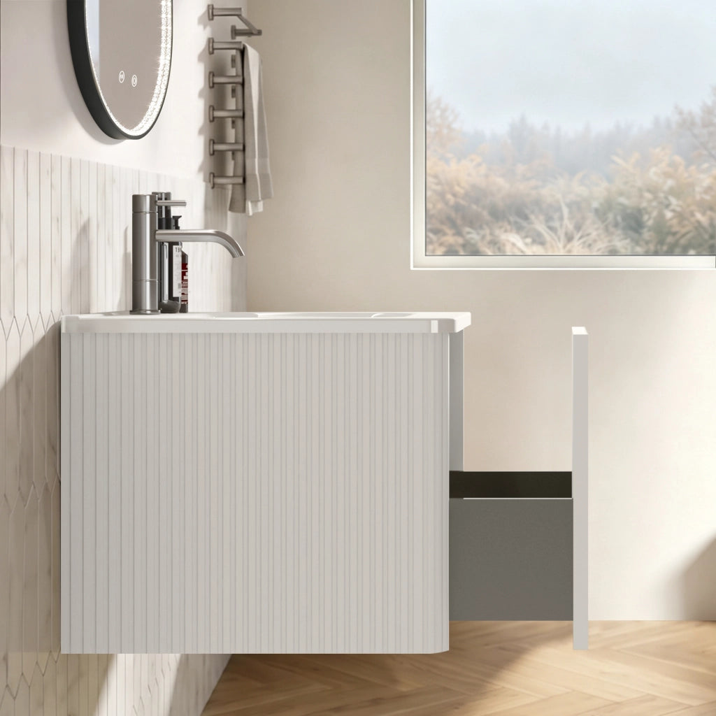 Set mobili bagno sospeso con specchio LED e lavabo integrato in MDF bianco