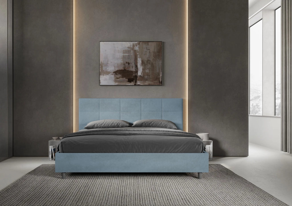 Letto Matrimoniale King Size 190x190 cm con Rete Imbottito in Microfibra Mika Azzurro