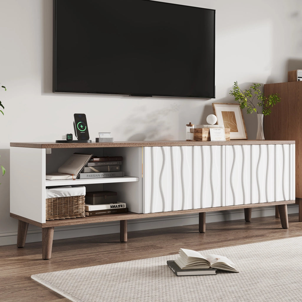 Mobile TV, illuminazione a LED, con cassetti, ante scorrevoli, adatto a televisori da 70 pollici, bianco