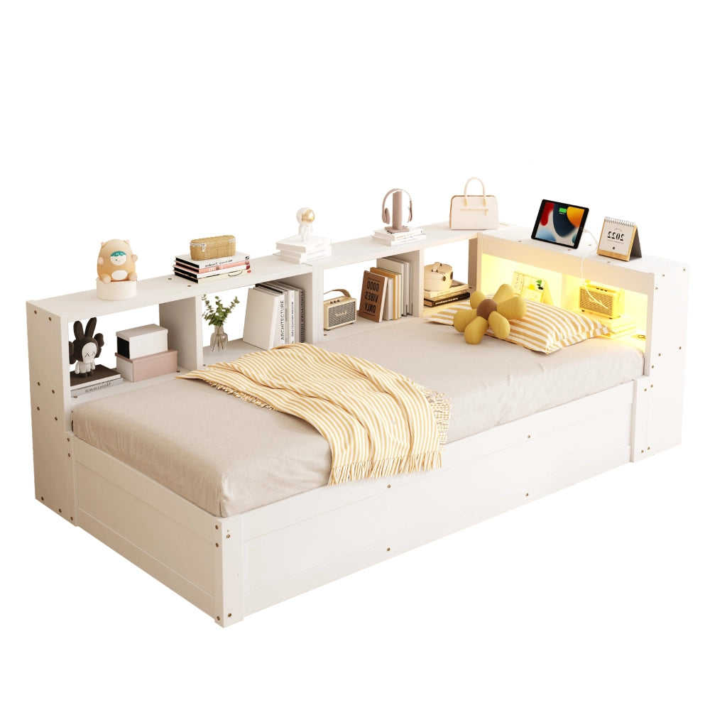 Letto singolo multifunzione 90 × 200 cm con vano contenitore legno bianco presa integrata e luce LED