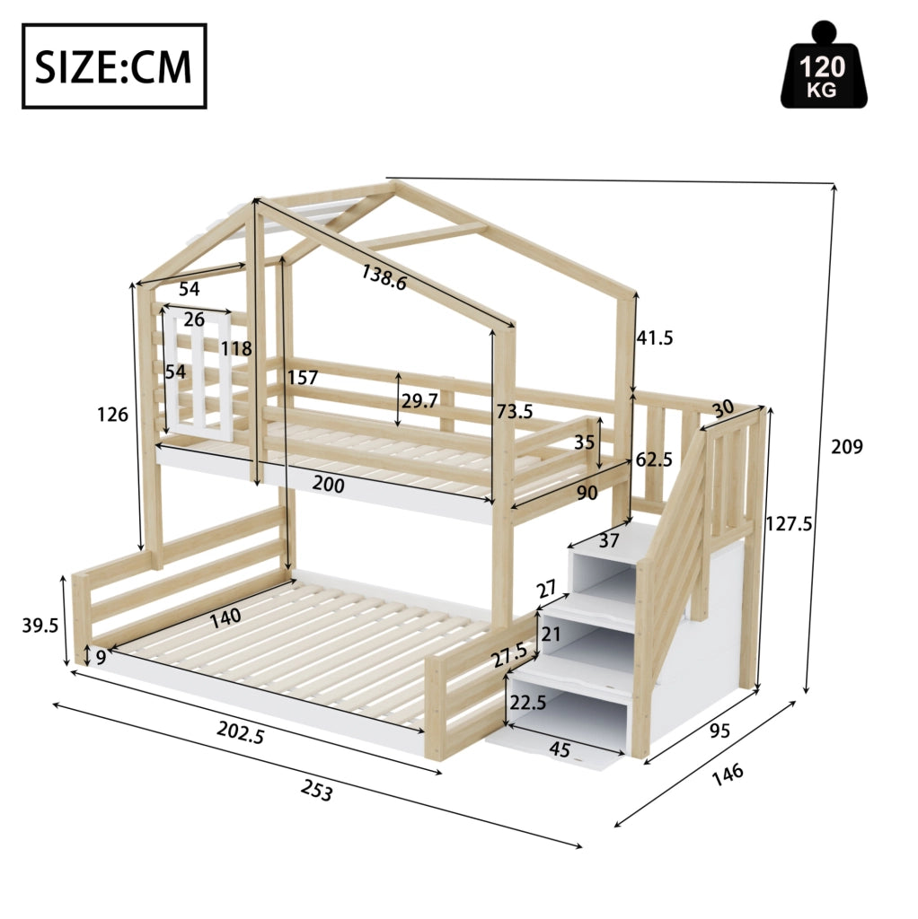 LETTO A CASTELLO 90x200 cm in pino e MDF naturale con scala contenitore