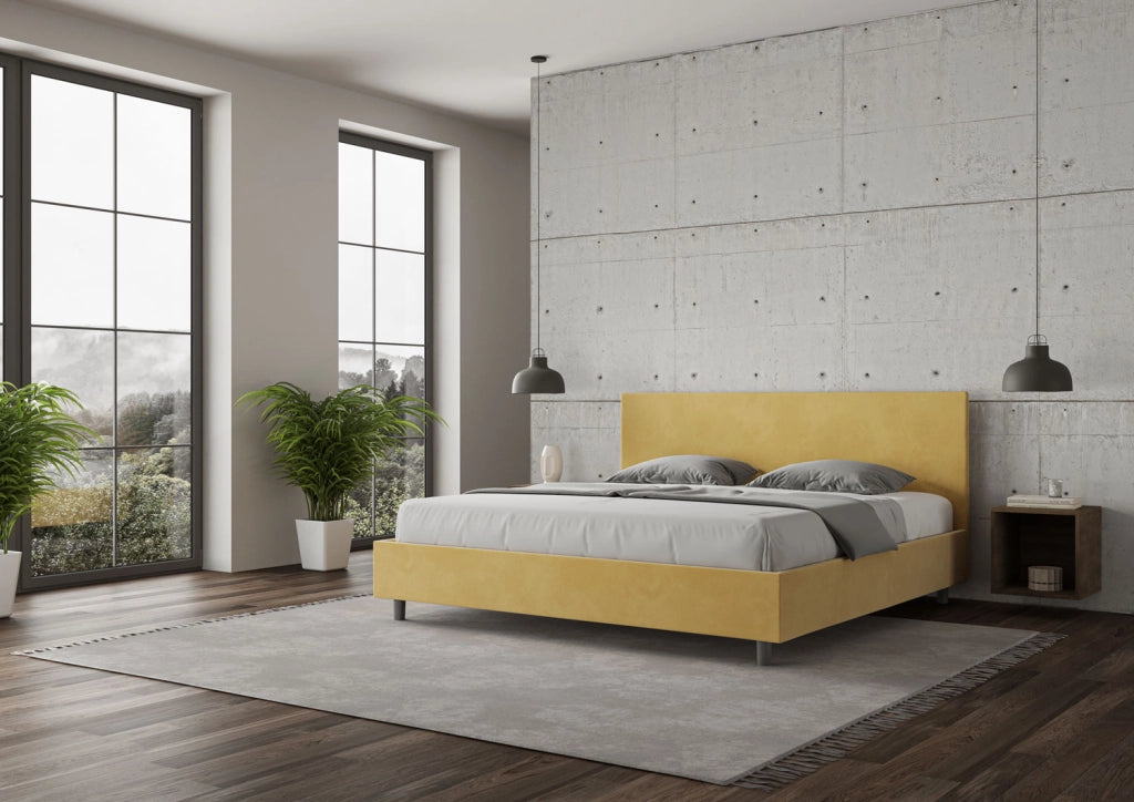 BS COM Letto matrimoniale king size contenitore imbottito 200x210 microfibra ocra