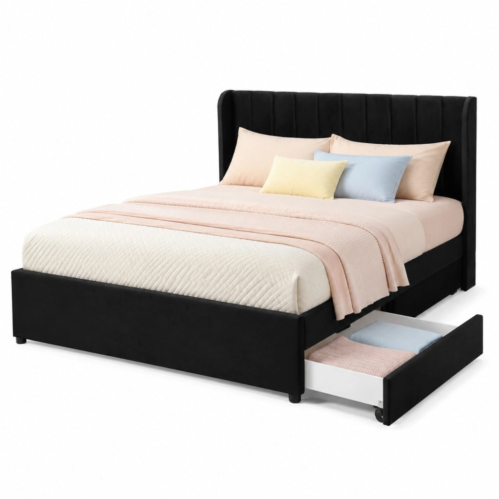 Letto matrimoniale 160x200 cm in velluto nero con testiera; doghe e 2 cassetti