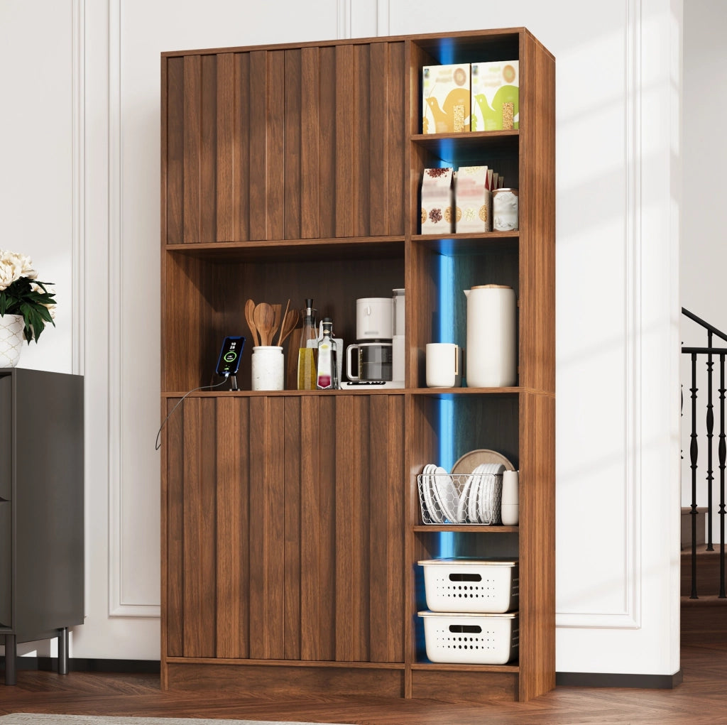 Mobile da cucina alto 105x40x180 cm con LED RGB; prese USB e 2 ante in MDF color noce