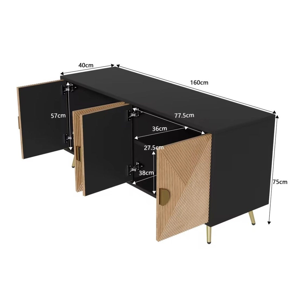Credenza 160 cm a 4 ante; maniglie oro spazzolato e gambe lucide; nero e legno