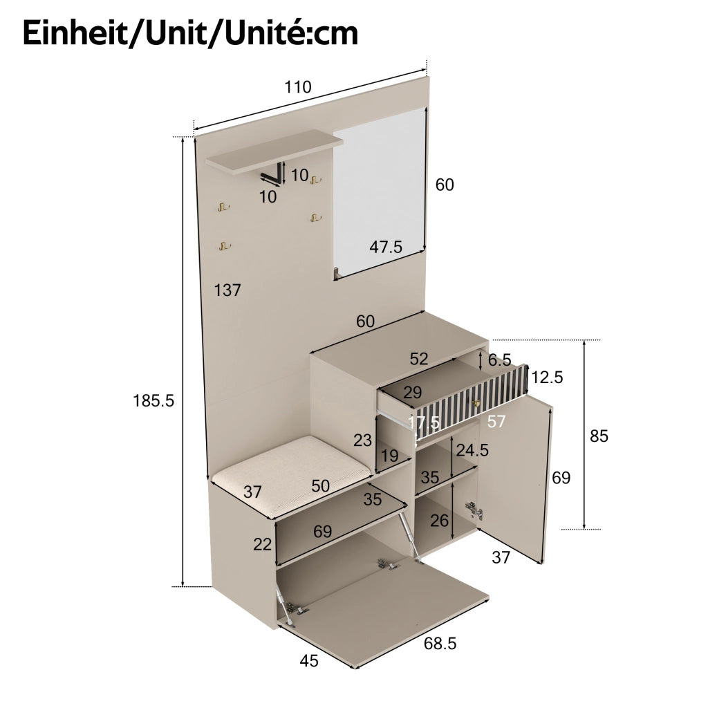Set mobili da ingresso con specchio, panca imbottita, ripiani, appendiabiti e scarpiera in MDF Beige Crema