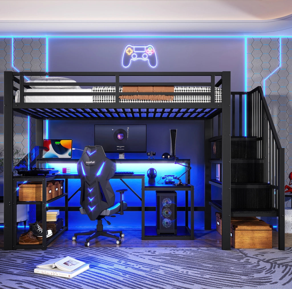 Letto a soppalco 90x200 cm nero con scrivania, LED e USB