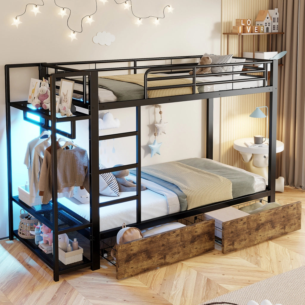 Letto a castello 90x200 cm in metallo e MDF nero con LED; cassetti e mensole