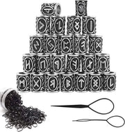 Foglia di barba uomo - 24 pezzi, capigliatura con rune, elastici per capelli, anelli per capelli, foggia di barba con dreadlocks, per capelli con elastici in acciaio inox, con decorazioni in metallo nero e argento.