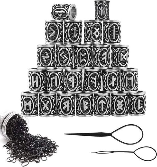 Foglia di barba uomo - 24 pezzi, capigliatura con rune, elastici per capelli, anelli per capelli, foggia di barba con dreadlocks, per capelli con elastici in acciaio inox, con decorazioni in metallo nero e argento.