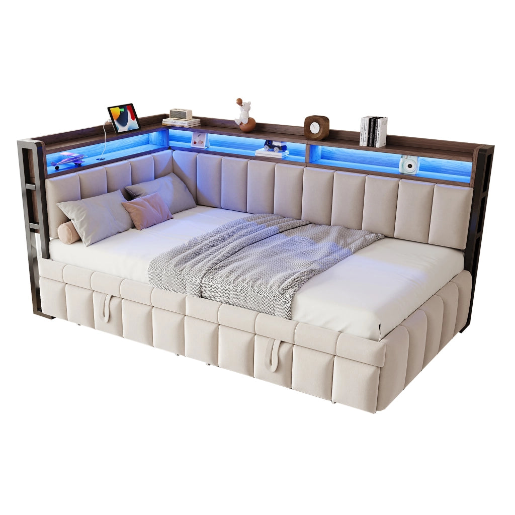 Divano letto ULEVR 90x200 cm estraibile con LED, USB e Type-C, vani portaoggetti, velluto beige