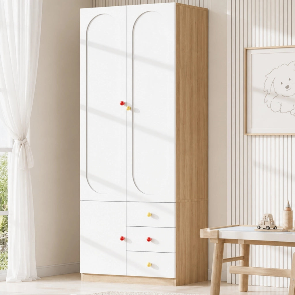 Armadio guardaroba bianco per bambini con 2 ante, 3 cassetti, bastone appendiabiti e maniglie in ceramica colorata, 80x50x200 cm
