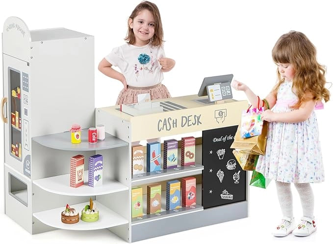 Negozio Alimentare per Bambini, Set di Giocattoli Supermercato in Legno con Cassa, Macchina POS, Distributore Automatico, Lavagna Scrivibile, per Bambini 3 - 8 Anni (Grigio)