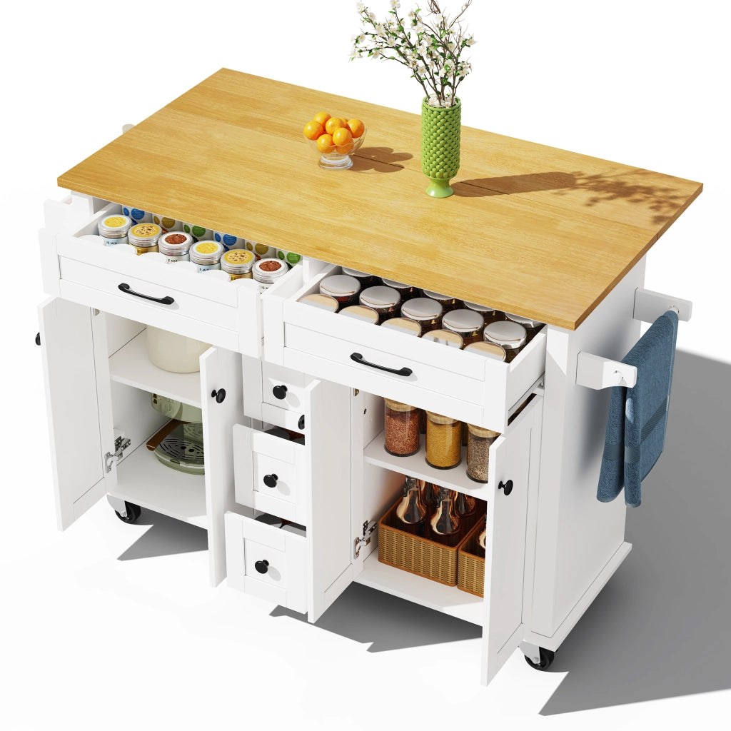 Isola cucina con piano di lavoro pieghevole 140 x 65 x 89 cm in MDF con 5 cassetti e ruote