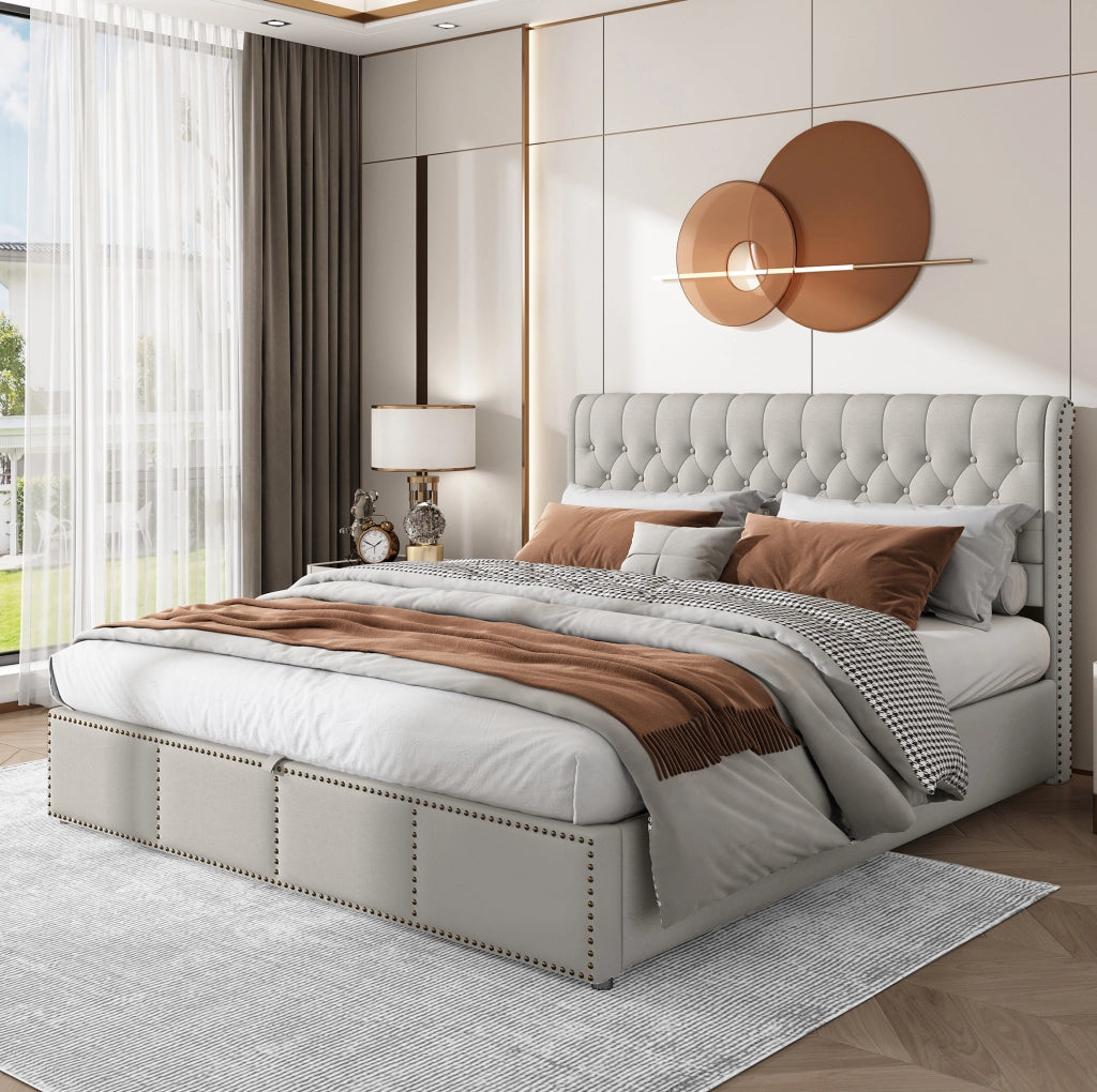 Letto imbottito 160x200 cm con vano contenitore e rivestimento in cotone-lino grigio