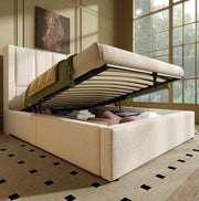 Letto imbottito singolo 90x200 cm beige con portabicchiere nascosto e stazione di ricarica, letto idraulico con contenitore sottostante, con rete a doghe, senza materasso