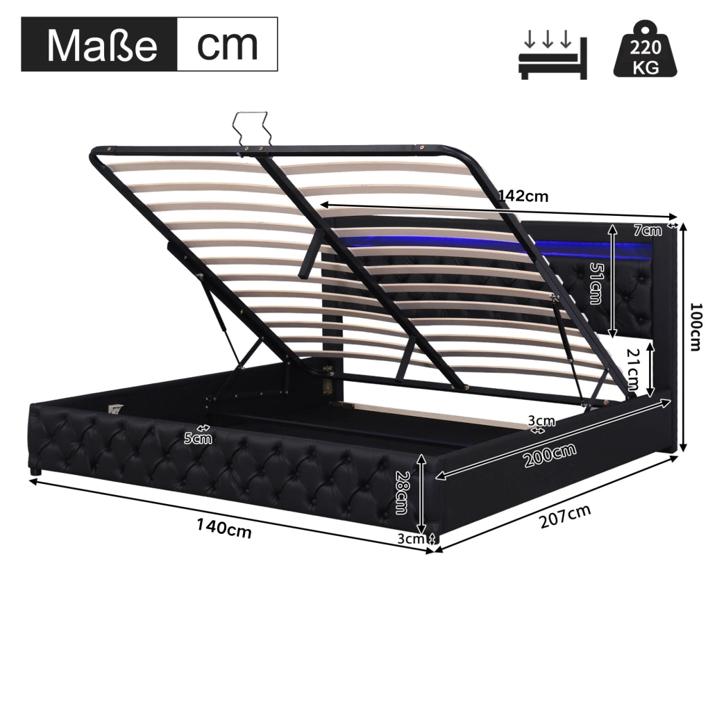 Letto matrimoniale 140x200 cm con contenitore e LED; rivestimento in PU nero