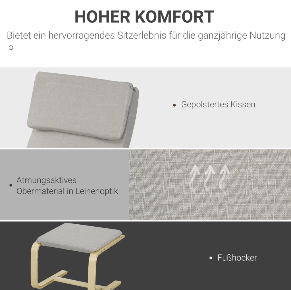 Set di 2 Poltrone Lounge con Poggiapiedi, Braccioli e Poggiatesta in Tessuto Lino, Struttura in Eucalipto, Grigio Chiaro 66,5x80x99 cm