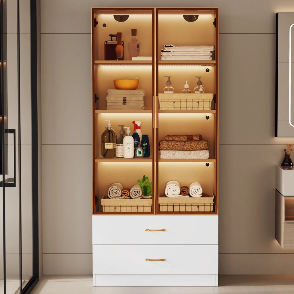 Mobile bagno alto bianco con ante in vetro e cassetti