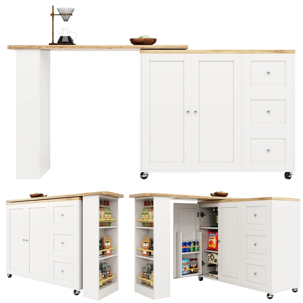 Isola cucina mobile bianca 140 x 40 x 93;5 cm con piano pieghevole in MDF effetto legno