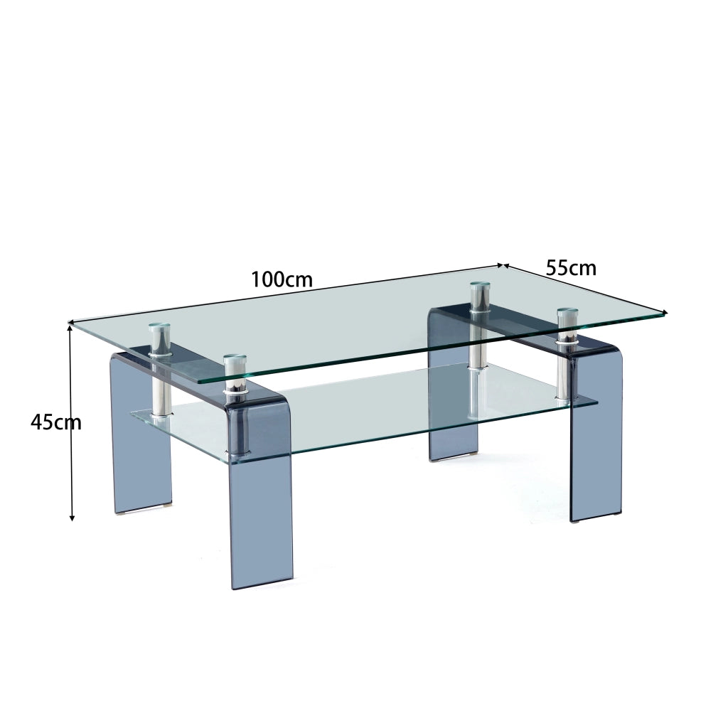 Tavolino basso fisso a due ripiani in vetro temperato trasparente con gambe grigie per soggiorno 100 × 55 × 45 cm