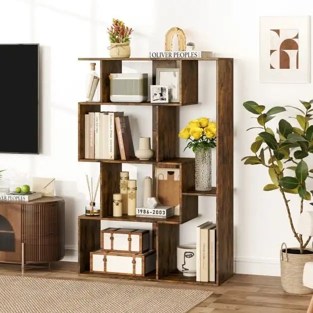 Libreria geometrica moderna a 6 scomparti e 4 ripiani, mobile scaffale aperto con kit antiribaltamento per casa e ufficio, colore caffè