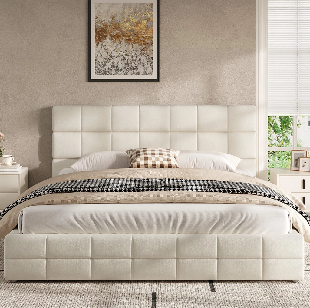 Letto a piattaforma 180x200 cm in velluto beige con testiera, per camera, senza materasso –