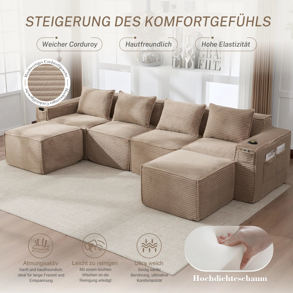 Divano modulare a 4 posti in velluto a coste kaki con 2 pouf portabevande e tasche laterali 330 × 162 × 75 cm