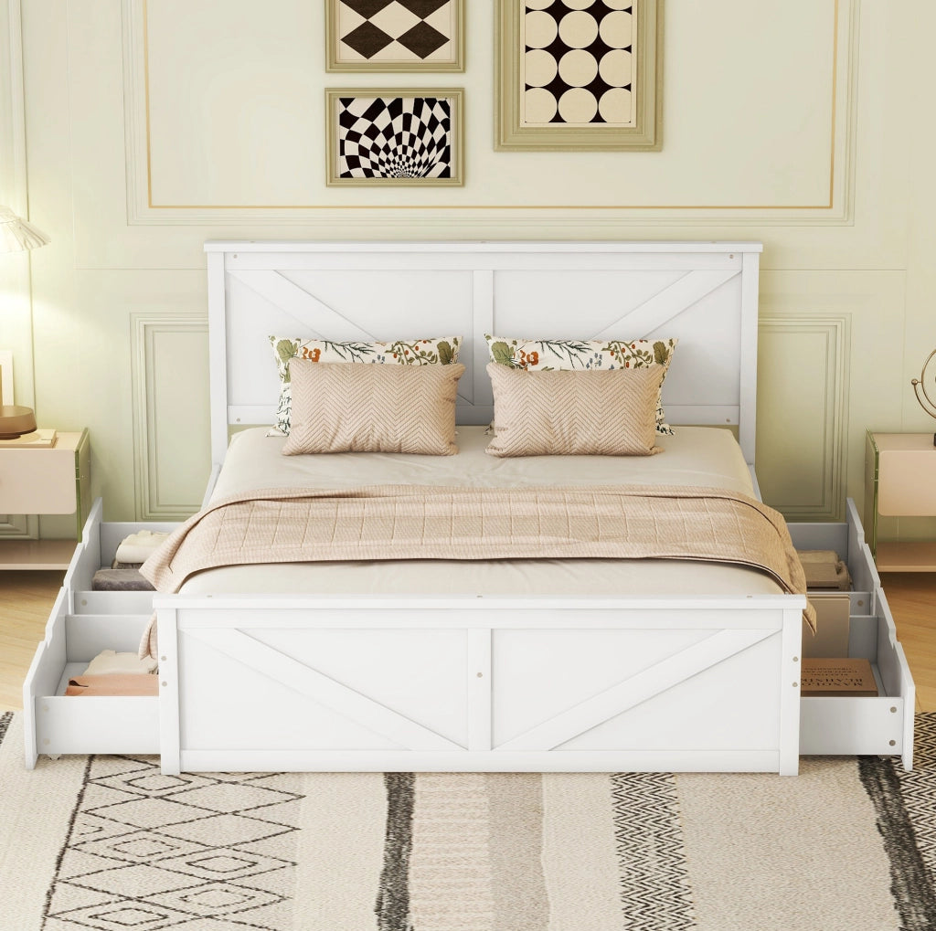 Letto in pino bianco 160x200 cm con testiera e 4 cassetti