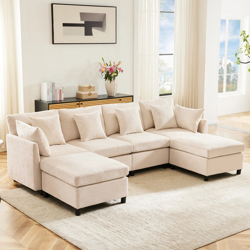 Divano modulare 4-6 posti trasformabile a U e L con 2 pouf e 6 cuscini in tessuto chenille beige, 278 × 161 × 81 cm